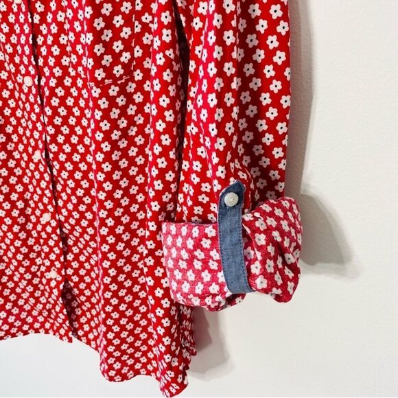 Tommy Hilfiger 3X Scarlet Red White Ditsy Floral Chambray Trim Tab Sleeve Shirt - Picture 4 of 7